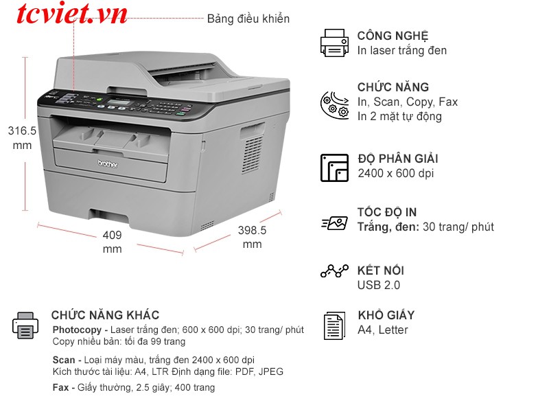 Máy in Laser đen trắng Brother MFC- L2701D ( Print/ Copy/ Scan/ Fax PC)